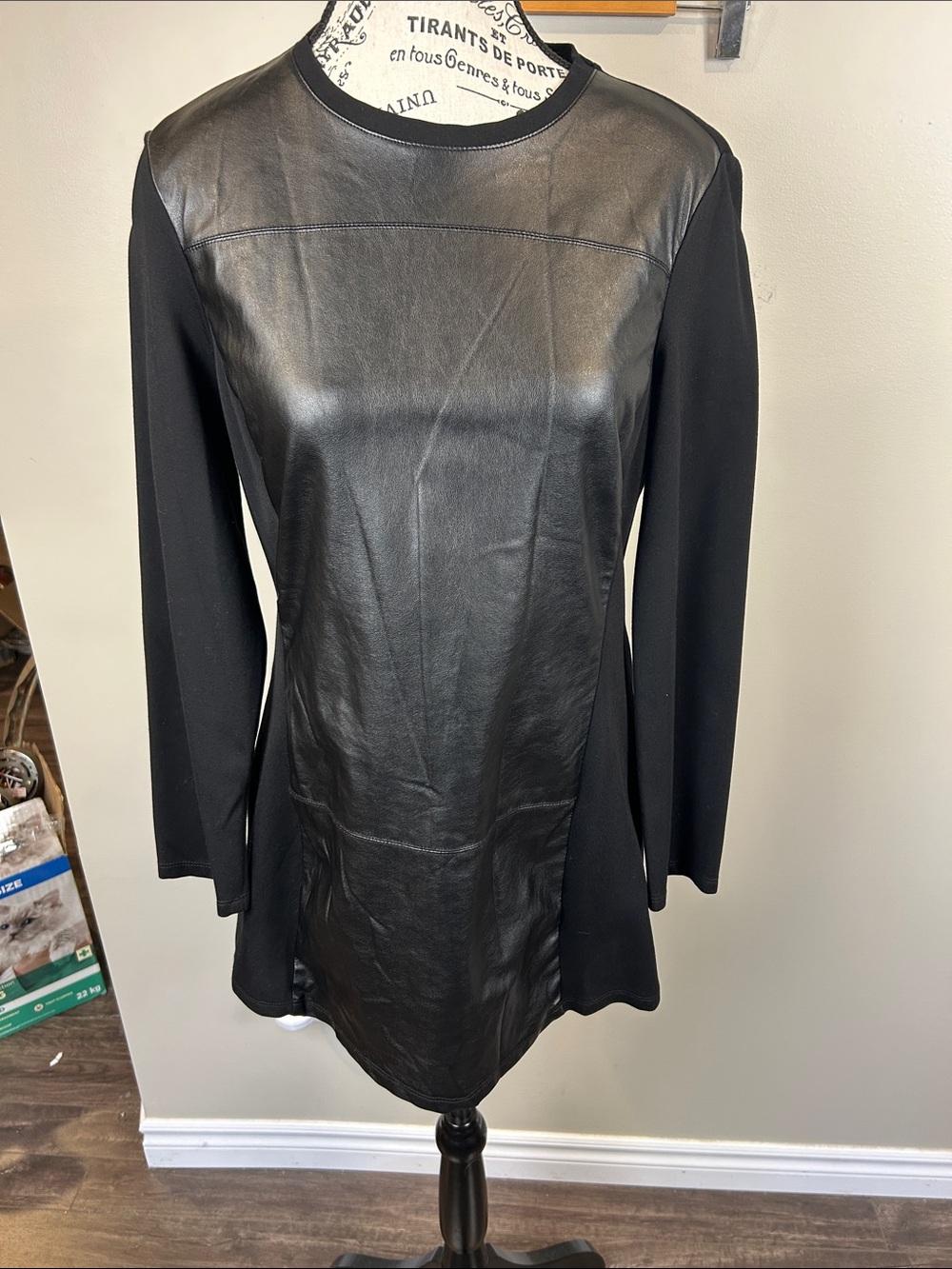 Lisette L Montreal Faux Leather Panel Tunic Top Black Long Sleeve Size S